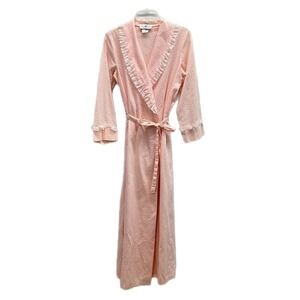 Vintage Ashley Ames Seersucker Robe SMALL Striped Pink Lace Trim UNION MADE USA